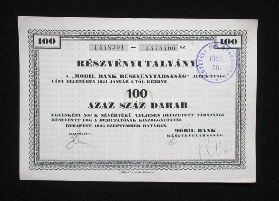 Mobil Bank Részvénytársaság részvényutalvány 100x500 korona 1923